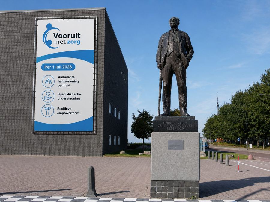 Groot spandoek met het logo van Vooruit met Zorg op de gevel van een gebouw in Lelystad, naast het standbeeld van Cornelis Lely.