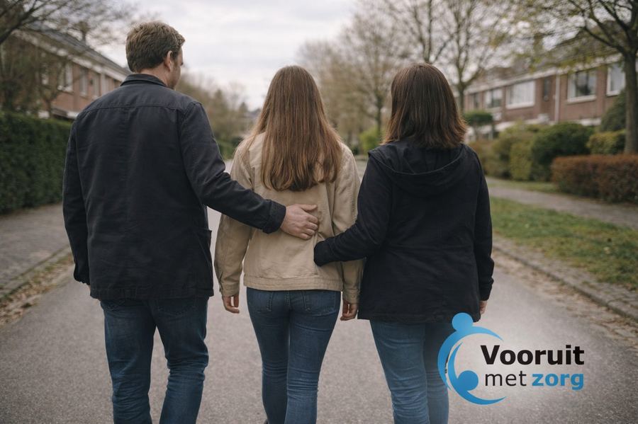 Een man, een jongere en een vrouw lopen op de rug gezien samen door een woonstraat; de man houdt een hand op de rug van de jongere.