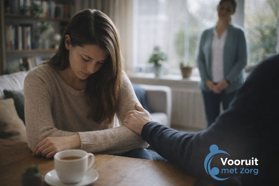 Een jonge vrouw zit aan een tafel bij het raam; iemand tegenover haar reikt met een hand naar haar toe. Op de achtergrond staat een tweede persoon.